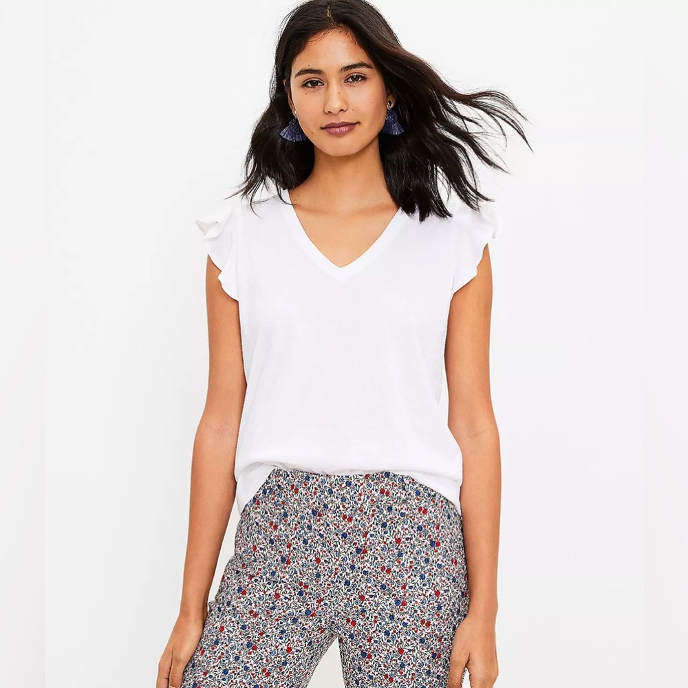 New Loft White Flutter Sleeve V-Neck Tee
